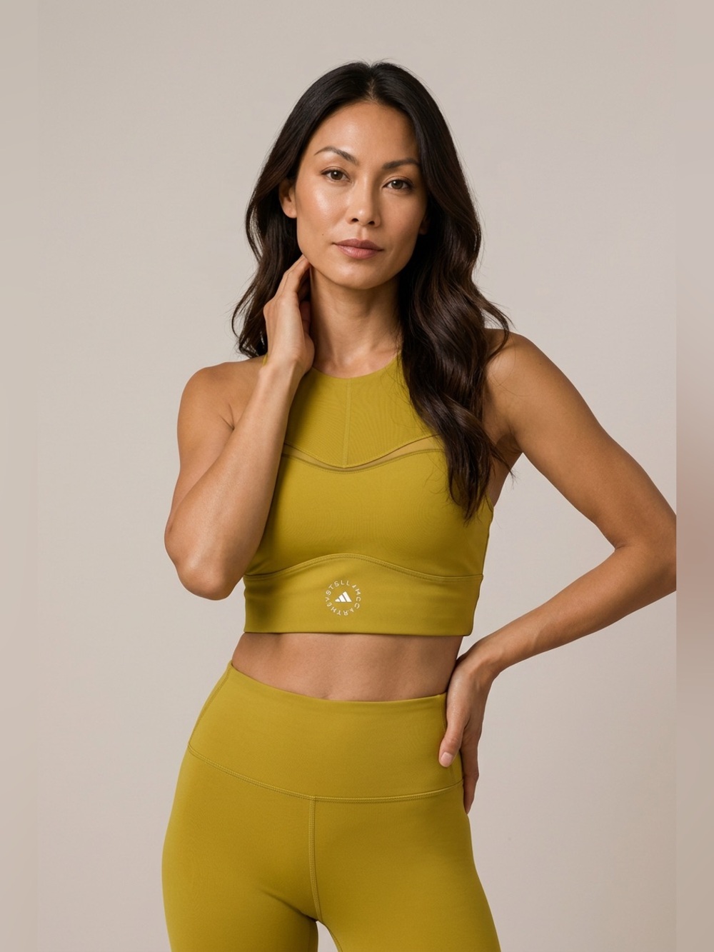 Adidas by Stella McCartney Olive-Mustard High-Neck Crop Sports Bra Pulse Olive